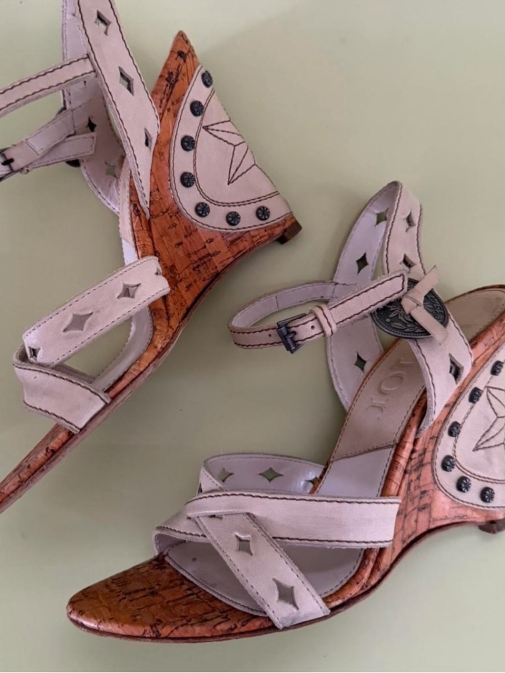 Dior Gaucho Vintage White Wedge Sandals with Embellished Cork Heel
